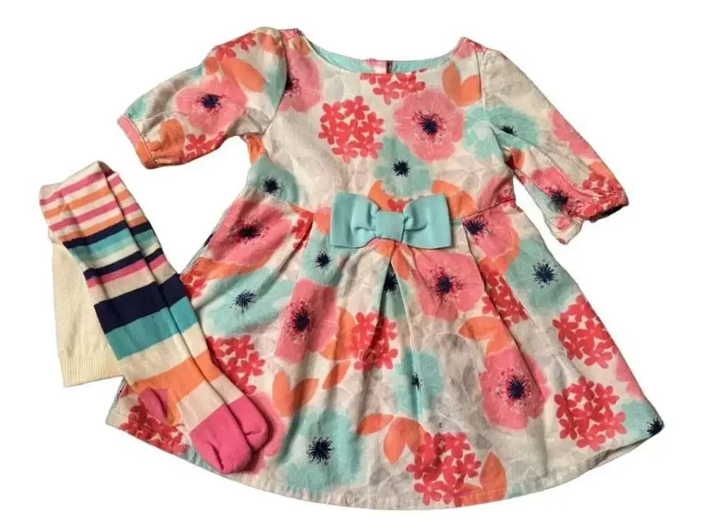 Gymboree Floral Corduroy Dress with Bow and socks 12-18 Months h1379